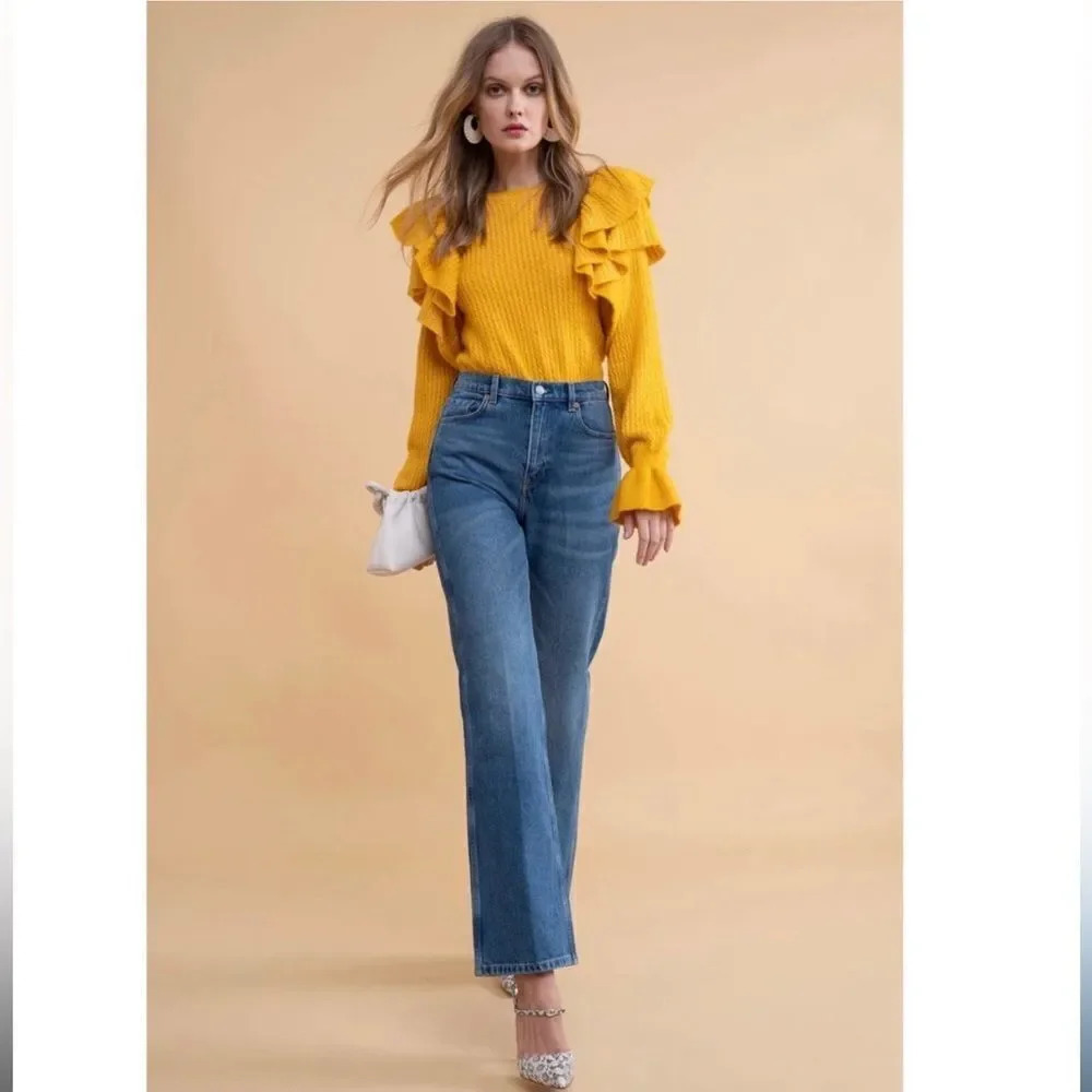 Rachel Parcell Ruffle Shoulder Pointelle Sweater Yellow - Picture 4 of 10